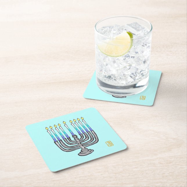 Whimsical Menorah Square Paper Coaster (Insitu)