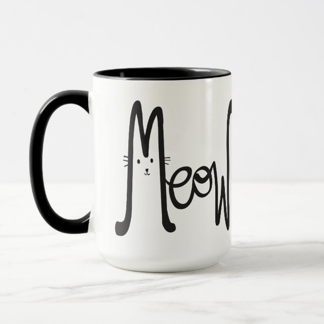 Whimsical MEOW Modern Minimalist Black Cat Script Mug (Left)