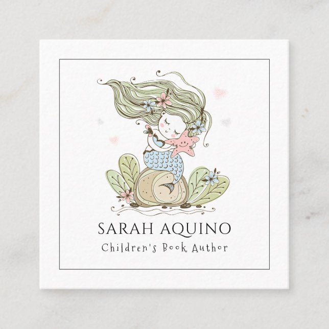 Whimsical Mermaid Children's Book Author  Square B Business Card (Front)