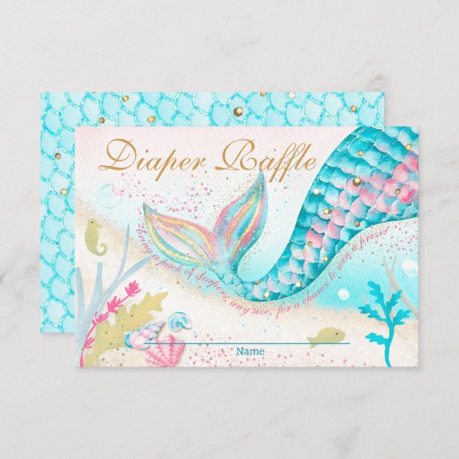 Whimsical Mermaid Girl Baby Shower Diaper Raffle Thank You Card (Front/Back)