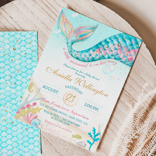 Whimsical Mermaid Girl Baby Shower Teal Pink Gold Invitation