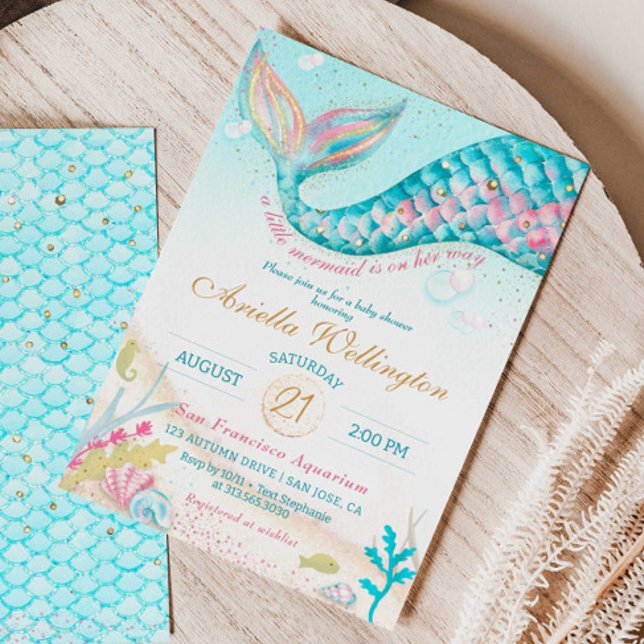 Whimsical Mermaid Girl Baby Shower Teal Pink Gold Invitation (Whimsical Mermaid Girl Baby Shower)