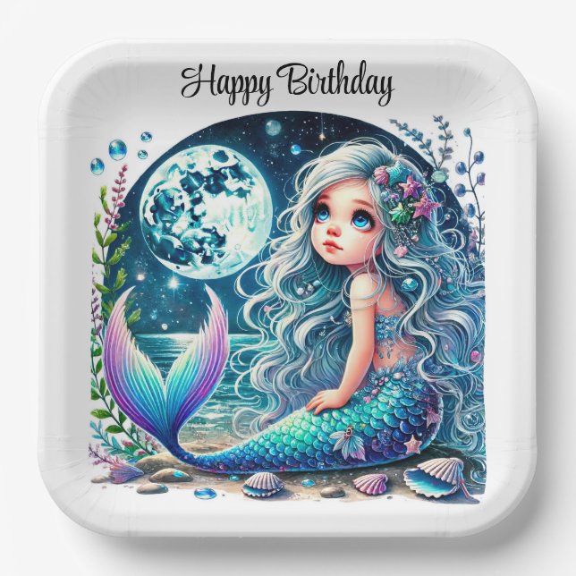 Whimsical Mermaid Girl Birthday Party Paper Plate (Front)