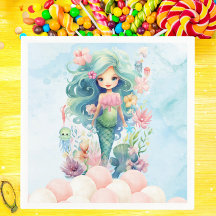 Whimsical Mermaid Pink Blue Birthday Party Napkin