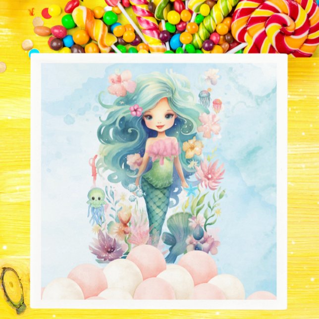 Whimsical Mermaid Pink Blue Birthday Party Napkin (Whimsical Mermaid Birthday Party Napkin - Pink & Blue Under the Sea Theme - Cute Girl Ocean Party)