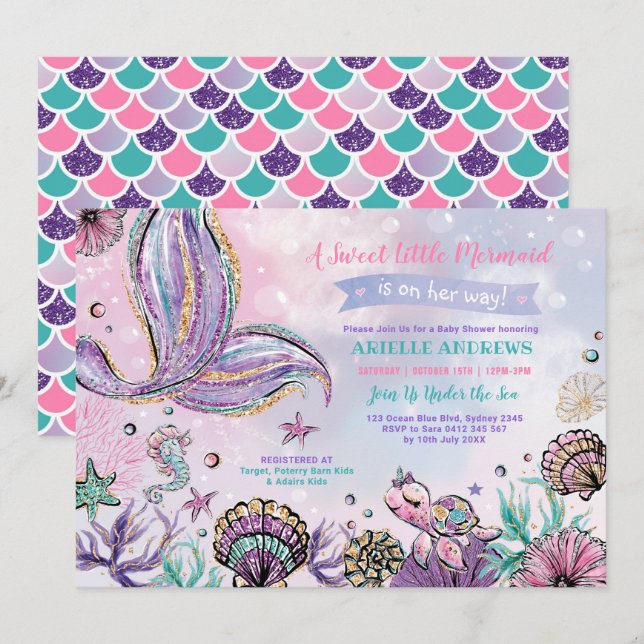 Whimsical Mermaid Pool Party Ocean Sea Baby Shower Invitation (Front/Back)
