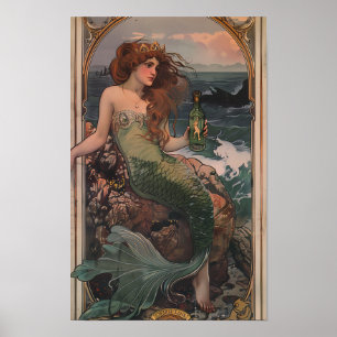 Whimsical Mermaid Poster with Gin Bottle - Fantasy
