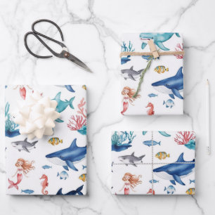  whimsical mermaid rainbow fish shark birthday wrapping paper sheet