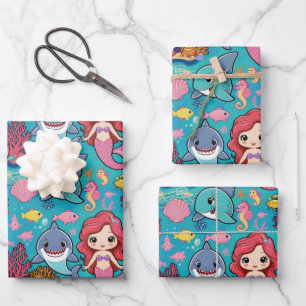  whimsical mermaid rainbow fish shark birthday wrapping paper sheet