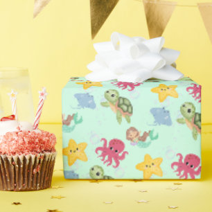 whimsical mermaid rainbow turtle shark birthday wrapping paper