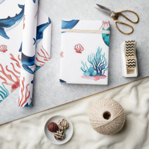  whimsical mermaid sea whale shark birthday wrapping paper
