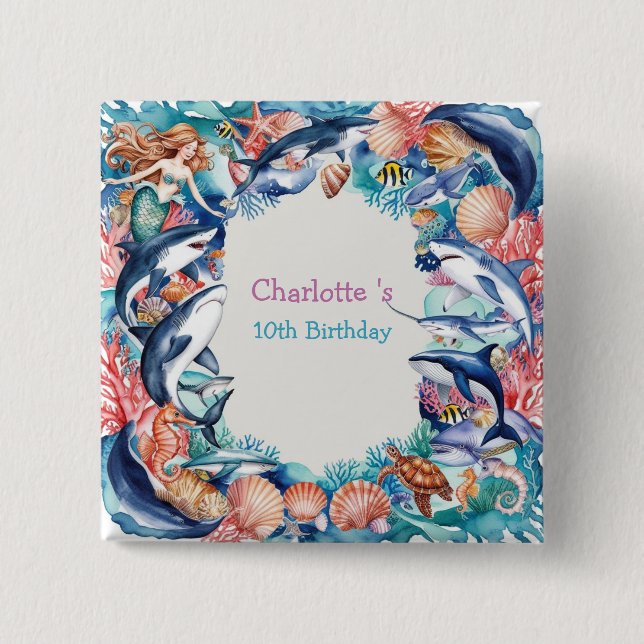 whimsical mermaid shark whale fish birthday party 15 cm square badge (Front)
