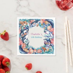 whimsical mermaid shark whale fish birthday party napkin