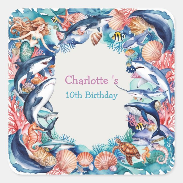 whimsical mermaid shark whale fish birthday party square sticker (Front)