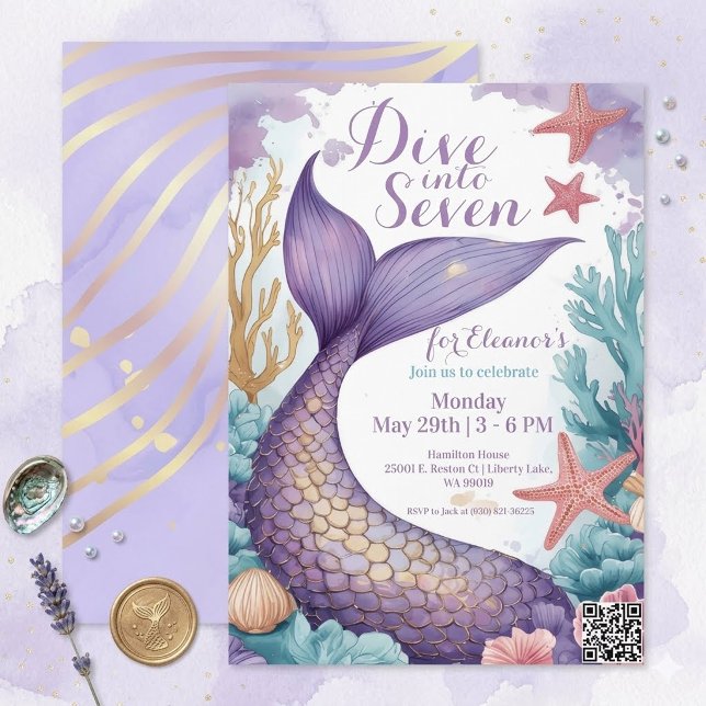 Whimsical Mermaid Tail Dive into Five 5th Birthday Invitation (Creator Uploaded)