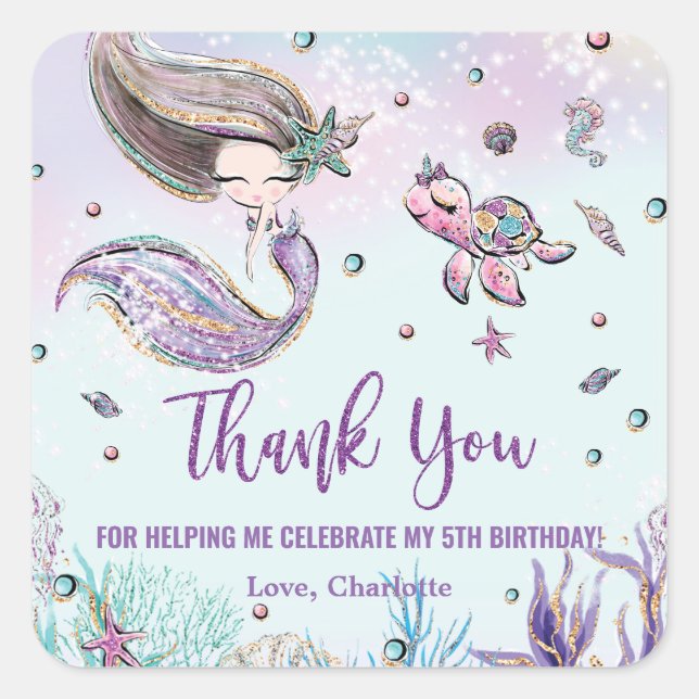 Whimsical Mermaid Under the Sea Birthday Favour Square Sticker (Front)