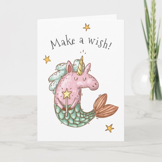 Whimsical Mermaid Unicorn Make a Wish Birthday Card (Front)