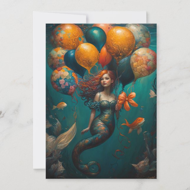 Whimsical Mermaid with Balloon Birthday Invitation (Front)