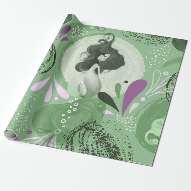 Whimsical Mermaids Green Abstract Pattern Wrapping Paper (Unrolled)