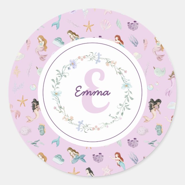 Whimsical Mermaids Monogram Classic Round Sticker (Front)