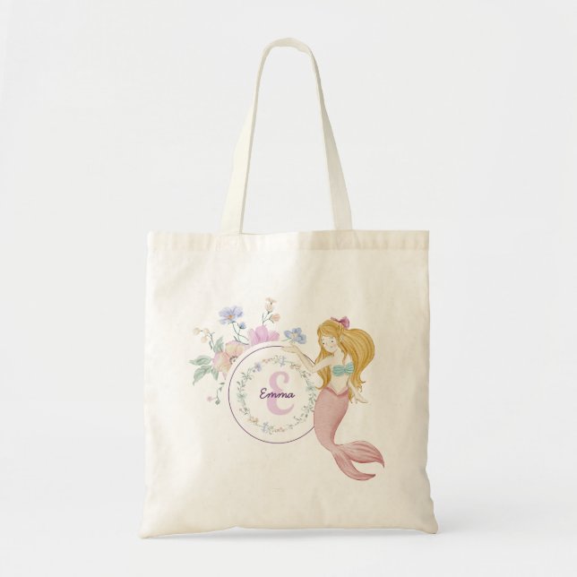 Whimsical Mermaids Monogram Tote Bag (Front)