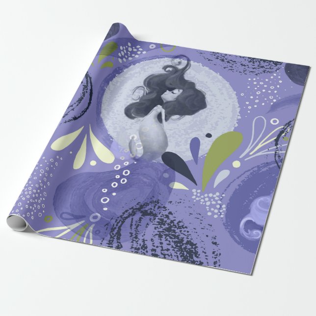 Whimsical Mermaids Purple Abstract Pattern Wrapping Paper (Unrolled)