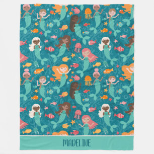 Whimsical Mermaids Under The Sea Teal Fleece Blanket