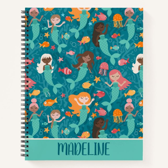 Whimsical Mermaids Under The Sea Teal Notebook (Front)