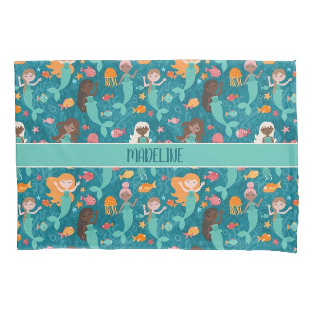 Whimsical Mermaids Under The Sea Teal Pillowcase (Front)