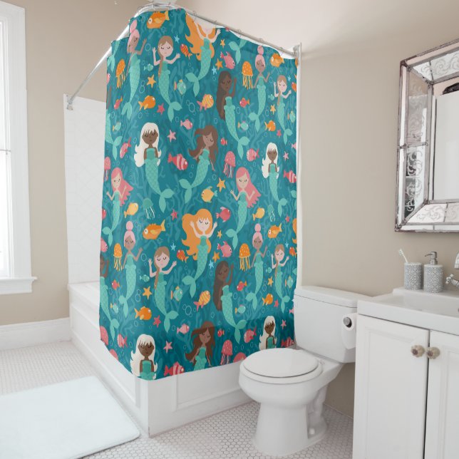 Whimsical Mermaids Under The Sea Teal Shower Curtain (In Situ)