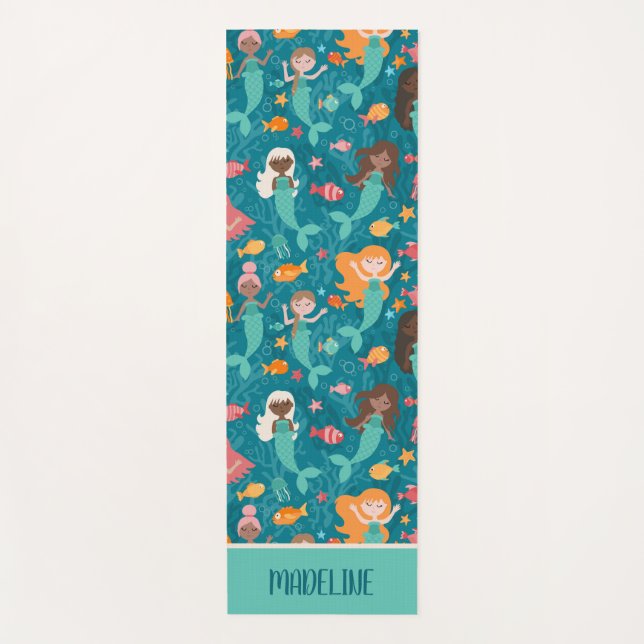 Whimsical Mermaids Under The Sea Teal Yoga Mat (Front)