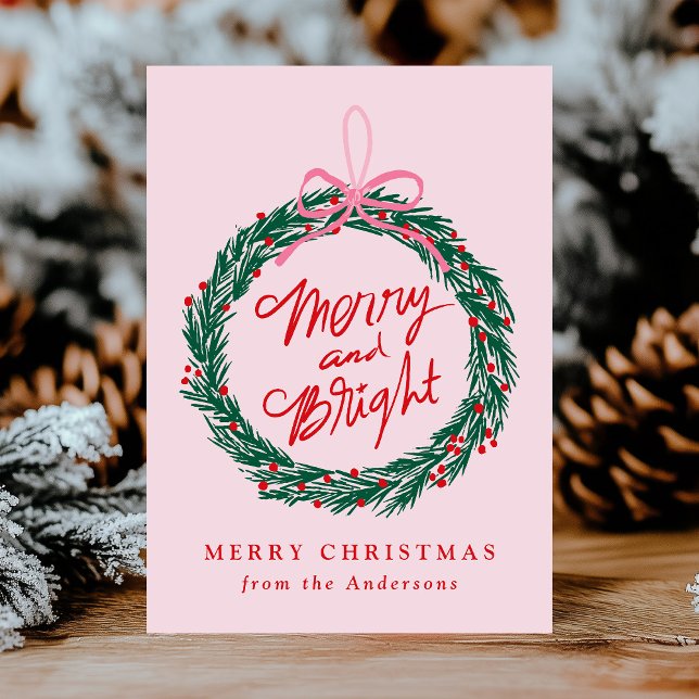 Whimsical Merry and Bright Wreath Pink Non-Photo Holiday Card (Creator Uploaded)