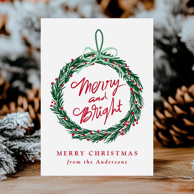Whimsical Merry and Bright Wreath Red and Green Holiday Card (Creator Uploaded)