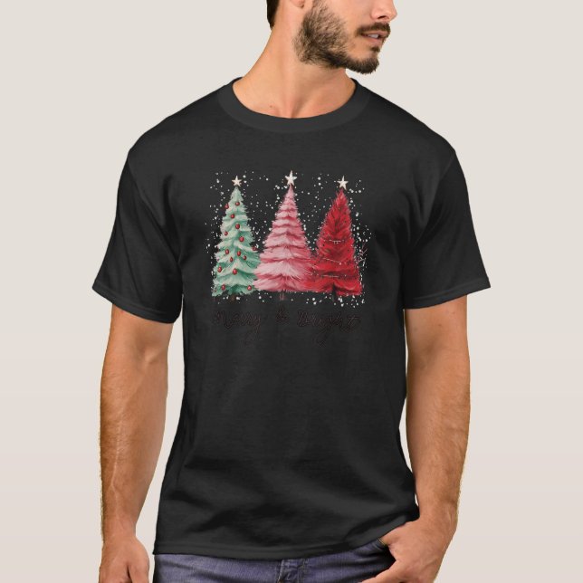 Whimsical Merry Bright Christmas Tree Holiday Desi T-Shirt (Front)