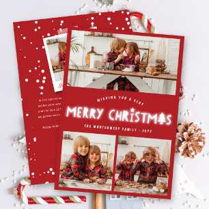 Whimsical Merry Christmas Glow Modern Chic 3 Photo Holiday Card
