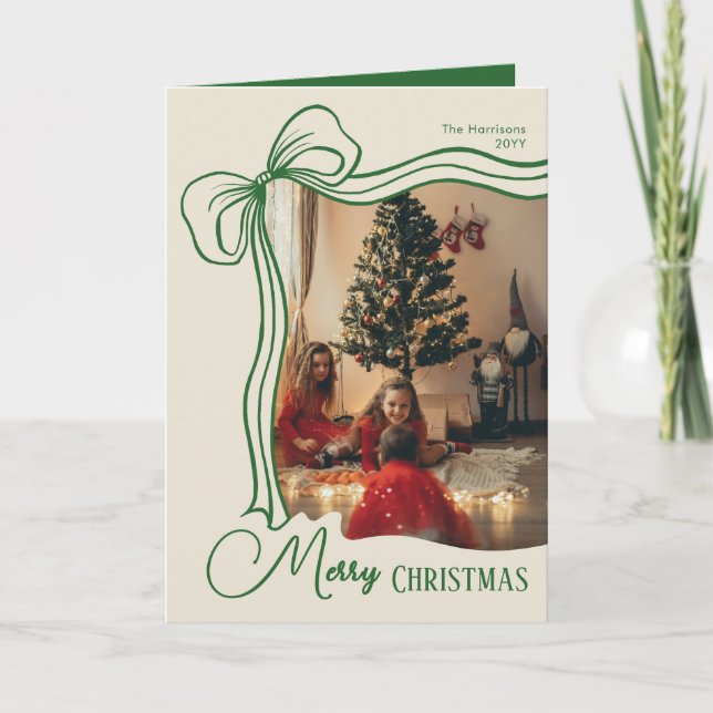 Whimsical Merry Christmas Hand Drawn Bow Photo Holiday Card (Front)