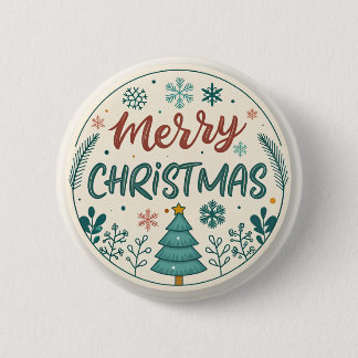 Whimsical Merry Christmas Round Sticker with Tree  6 Cm Round Badge