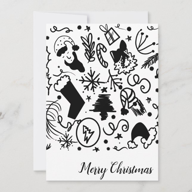 Whimsical Merry Christmas Santa Doodles Holiday Card (Front)