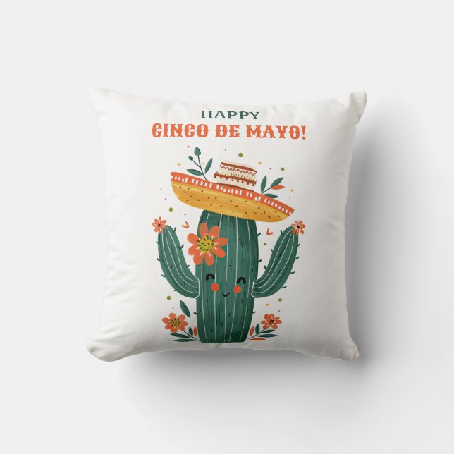 Whimsical Mexican Cactus Happy Cinco de Mayo Cushion (Front)