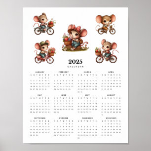 Whimsical Mice on Bicycles Minimal 2025 Calendar Poster