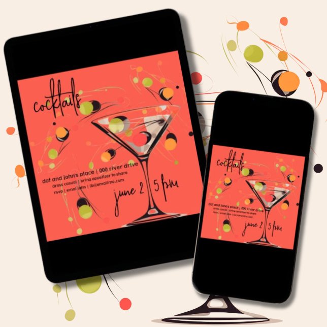 Whimsical Mid Century Modern Cocktail Hour  Invitation (Whimsical mid century modern martini and olives customizable house or birthday party invitation.)