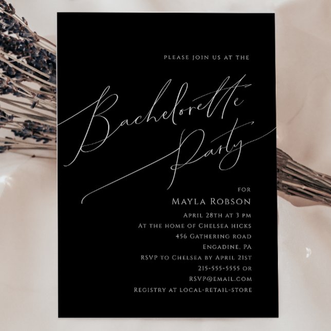 Whimsical Minimal Script Black Bachelorette Party Invitation (Creator Uploaded)