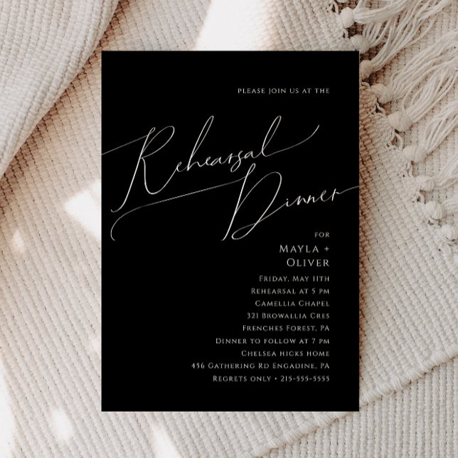 Whimsical Minimal Script | Black Rehearsal Dinner Invitation (Creator Uploaded)