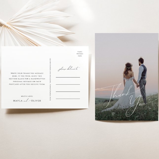Whimsical Minimal Script Photo Wedding Thank You Postcard (Creator Uploaded)
