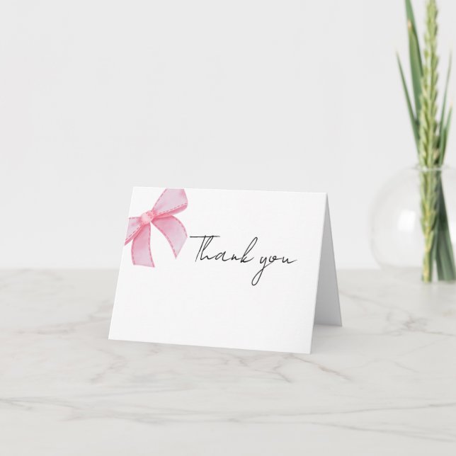 Whimsical Minimalist Boho pink bow Wedding Thank You Card (Front)