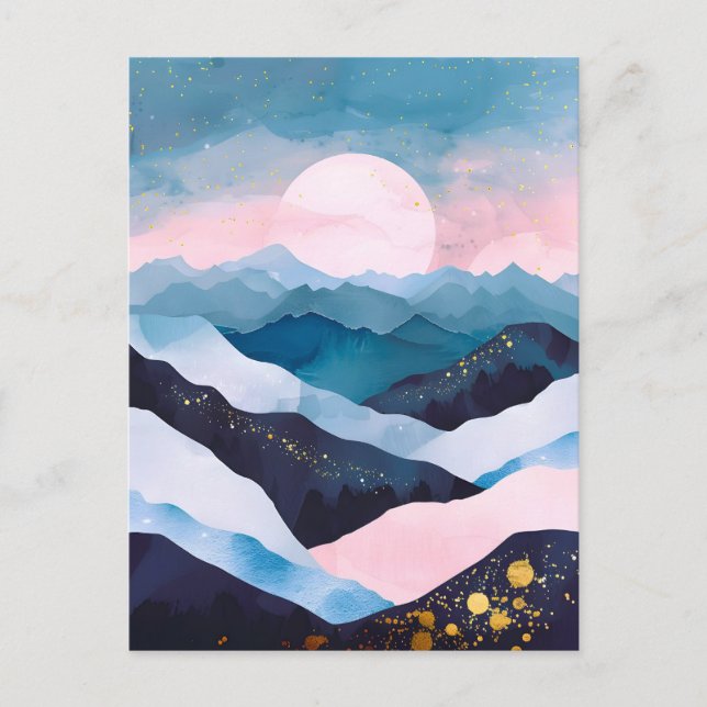 Whimsical Minimalist Gold Mountain Watercolor Announcement Postcard (Front)