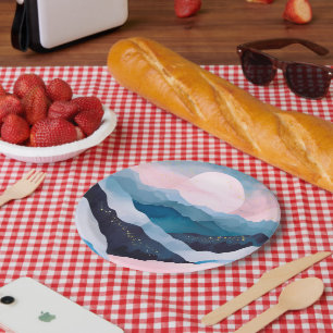 Whimsical Minimalist Gold Mountain Watercolor Paper Plate