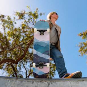 Whimsical Minimalist Gold Mountain Watercolor Skateboard
