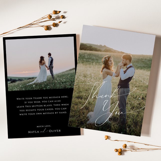 Whimsical Minimalist Script | Black Flat Photo Thank You Card (Creator Uploaded)