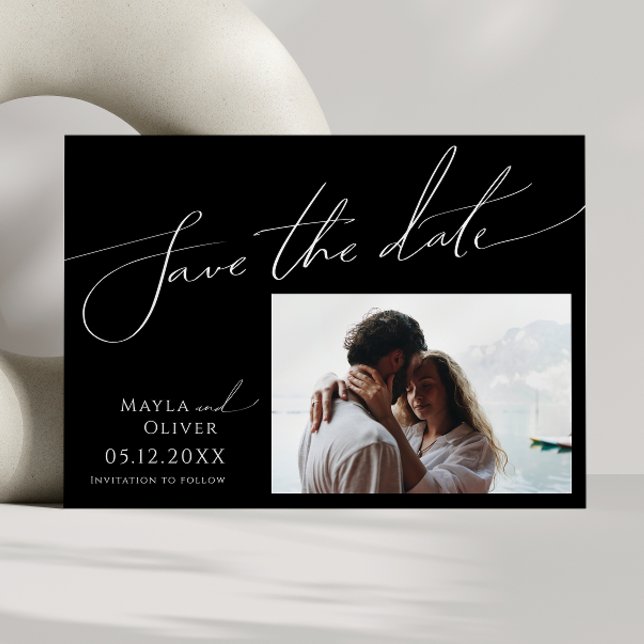 Whimsical Minimalist Script Black Photo Horizontal Save The Date (Creator Uploaded)